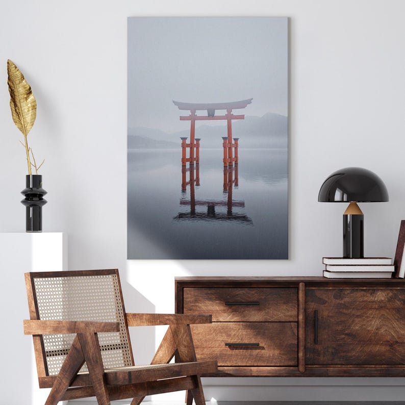Japanese Torii Gate Canvas Print | Misty Japan Water Wall Art | Zen Home Decor | Travel Photo
