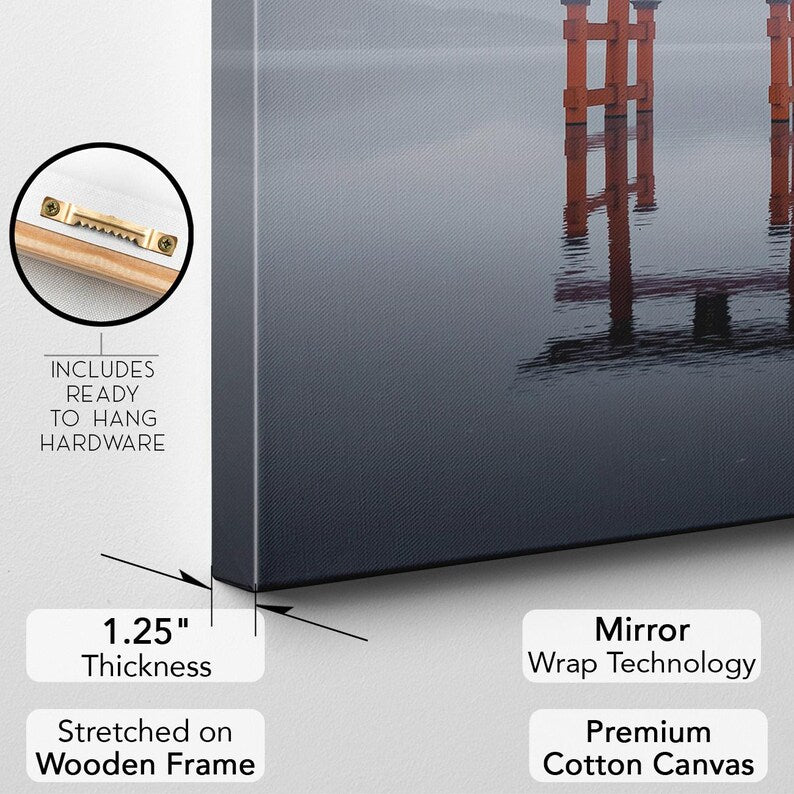 Japanese Torii Gate Canvas Print | Misty Japan Water Wall Art | Zen Home Decor | Travel Photo