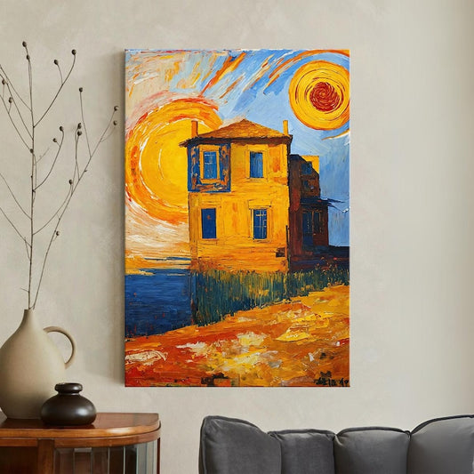 Vintage Coastal House Canvas Print, Paint Style Textured Landscape Wall Art, Unique Home Decor