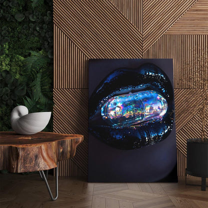 Surreal Iridescent Pill Lips Canvas Print, Futuristic Dark Art Wall Decor, Unique Modern Home Decor