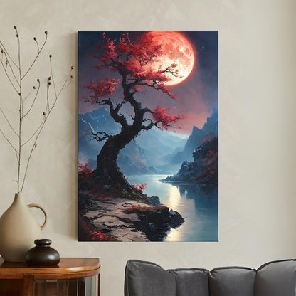 Fantasy Landscape Canvas Print, Cherry Blossom Tree Wall Art, Red Moon Mountain Lake Art, Dramatic Home Decor