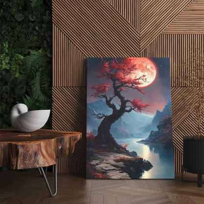 Fantasy Landscape Canvas Print, Cherry Blossom Tree Wall Art, Red Moon Mountain Lake Art, Dramatic Home Decor