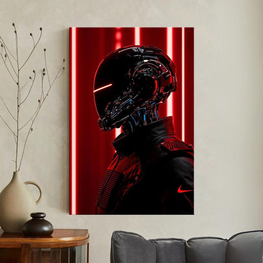 Cyberpunk Robot Wall Art, Futuristic Sci-Fi Canvas Print, Dark Red and Black Man Cave Decor, Gamer Room Art