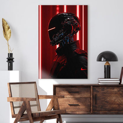 Cyberpunk Robot Wall Art, Futuristic Sci-Fi Canvas Print, Dark Red and Black Man Cave Decor, Gamer Room Art