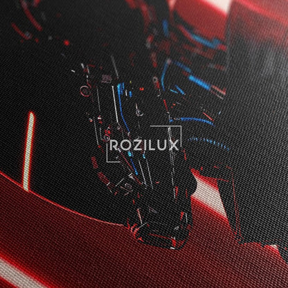 Cyberpunk Robot Wall Art, Futuristic Sci-Fi Canvas Print, Dark Red and Black Man Cave Decor, Gamer Room Art