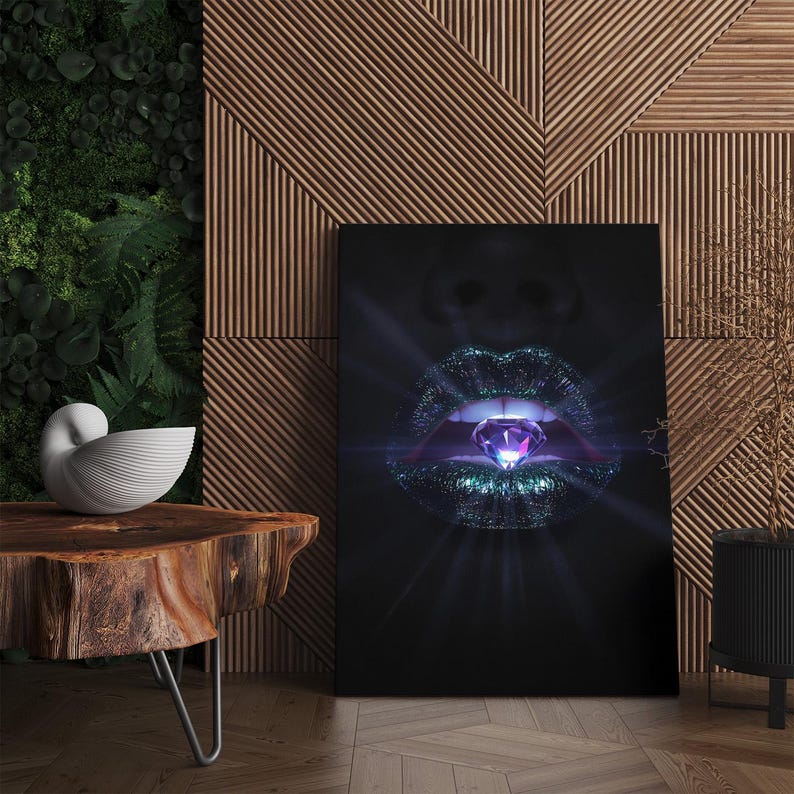 Diamond Lips Canvas Print | Glamorous Sparkle Wall Art | Modern Luxury Home Decor | Edgy Jewel Tone Art
