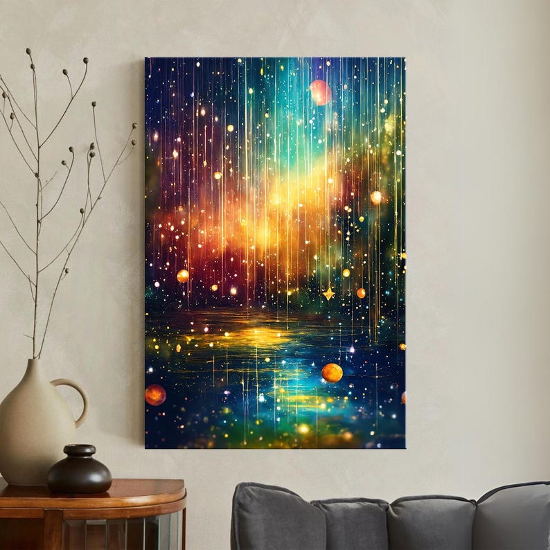 Vibrant Abstract Cosmic Canvas Print | Starry Reflection Wall Art | Glowing Orbs Home Decor