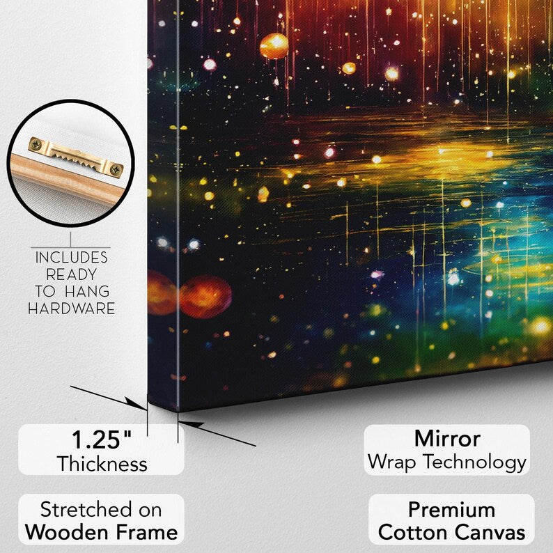 Vibrant Abstract Cosmic Canvas Print | Starry Reflection Wall Art | Glowing Orbs Home Decor