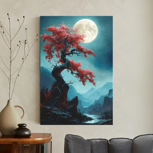 Mystical Red Tree Full Moon Canvas Wall Art | Japanese Style Landscape Print | Tranquil Nature Decor