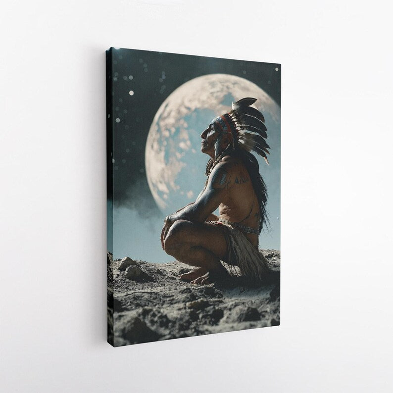 Native American Man Moon Stars Canvas Print, Spiritual Indigenous Wall Art, Cosmic Tribal Home Decor, Unique Fantasy Art Print