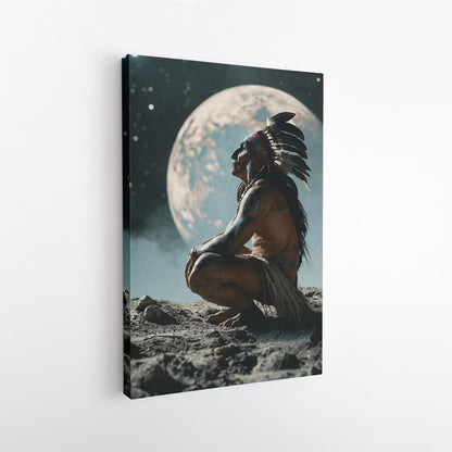 Native American Man Moon Stars Canvas Print, Spiritual Indigenous Wall Art, Cosmic Tribal Home Decor, Unique Fantasy Art Print