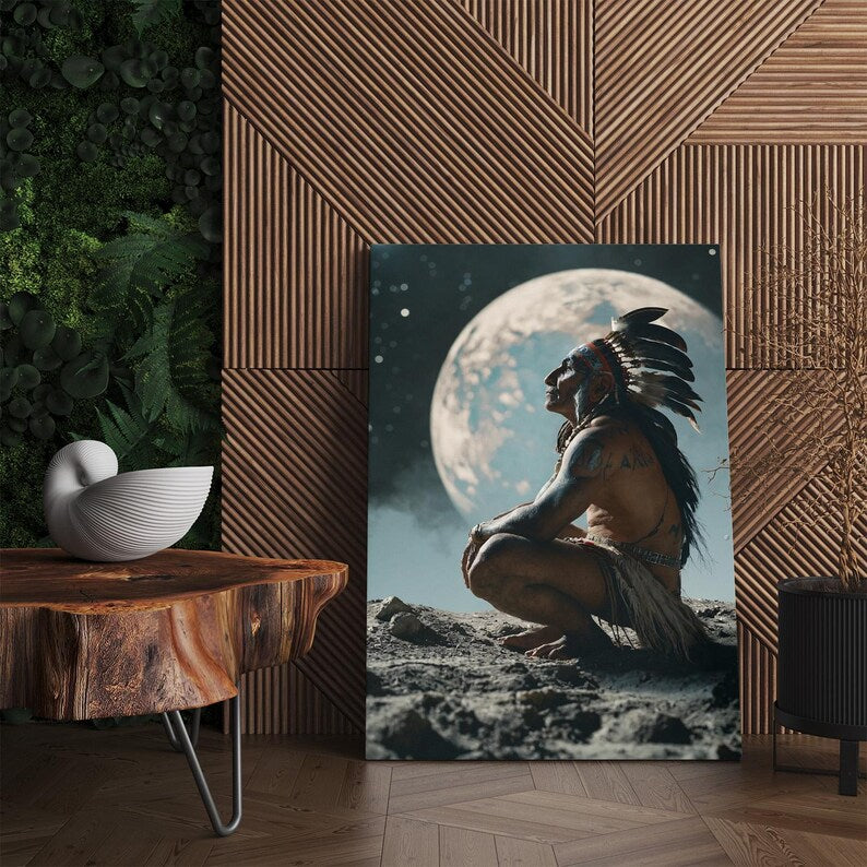 Native American Man Moon Stars Canvas Print, Spiritual Indigenous Wall Art, Cosmic Tribal Home Decor, Unique Fantasy Art Print