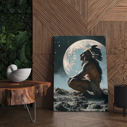 Native American Man Moon Stars Canvas Print, Spiritual Indigenous Wall Art, Cosmic Tribal Home Decor, Unique Fantasy Art Print