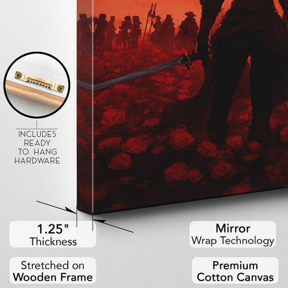 Epic Fantasy Warrior Canvas Print, Red Rose Field Wall Art, Dramatic Sunset Home Decor Gift