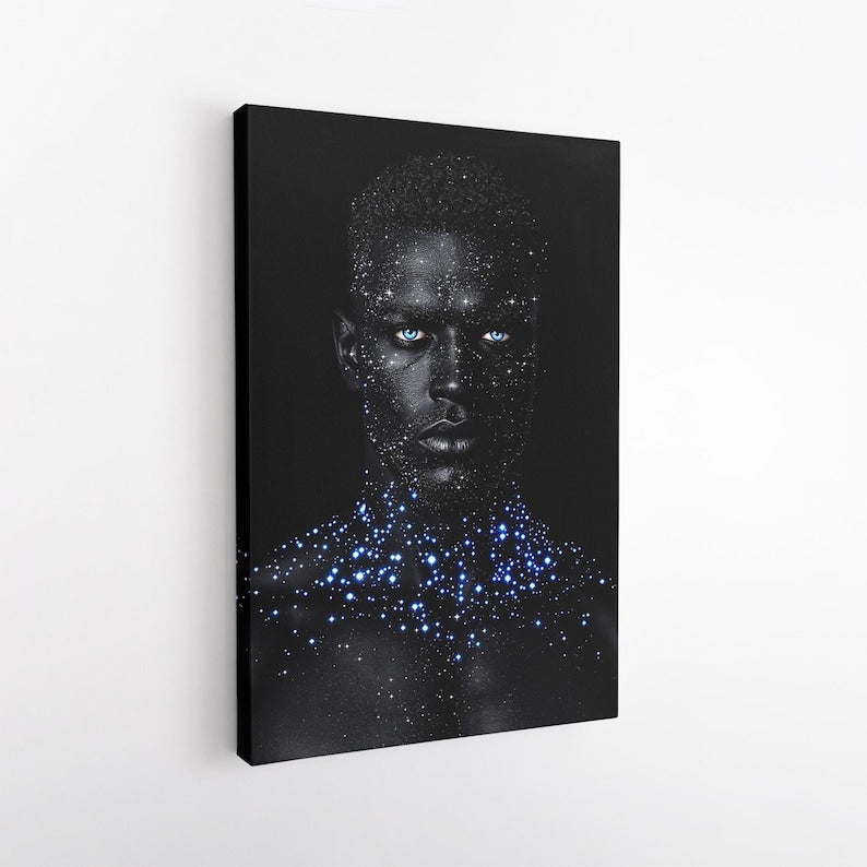 Cosmic Man Wall Art | Galaxy Body Paint Canvas Print | Striking Blue Eyes Art | Modern Fantasy Decor