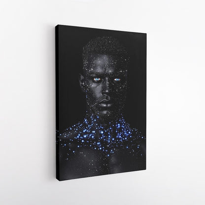 Cosmic Man Wall Art | Galaxy Body Paint Canvas Print | Striking Blue Eyes Art | Modern Fantasy Decor