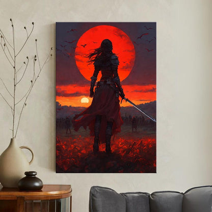 Dark Fantasy Warrior Canvas Print, Epic Red Moon Battle Scene Wall Art, Gothic Home Decor, Gift for Him