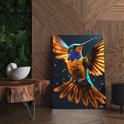 Hummingbird Canvas Print | Vibrant Colorful Bird Wall Art with Gold Dust | Exotic Home Decor | Nature Art Ready to Hang, Large Canvas