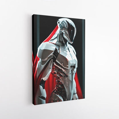Futuristic Robot Wall Art, Cyberpunk Sci Fi Canvas Print, Metallic Silver & Red Decor, Gift for Him