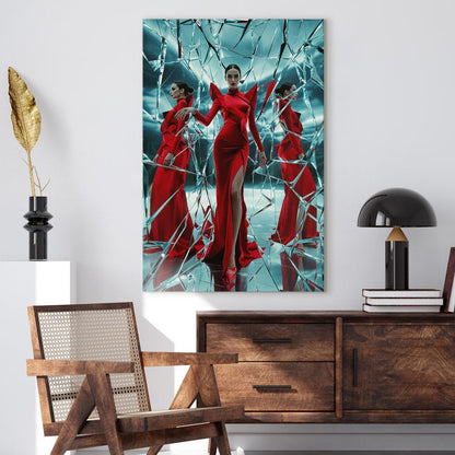 Modern Fashion Wall Art, Red Dress Broken Mirror Print, Elegant Woman Canvas Art, Luxury Decor for Living Room