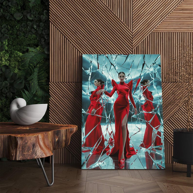 Modern Fashion Wall Art, Red Dress Broken Mirror Print, Elegant Woman Canvas Art, Luxury Decor for Living Room