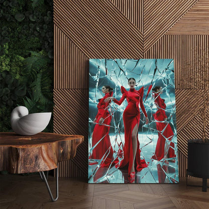 Modern Fashion Wall Art, Red Dress Broken Mirror Print, Elegant Woman Canvas Art, Luxury Decor for Living Room