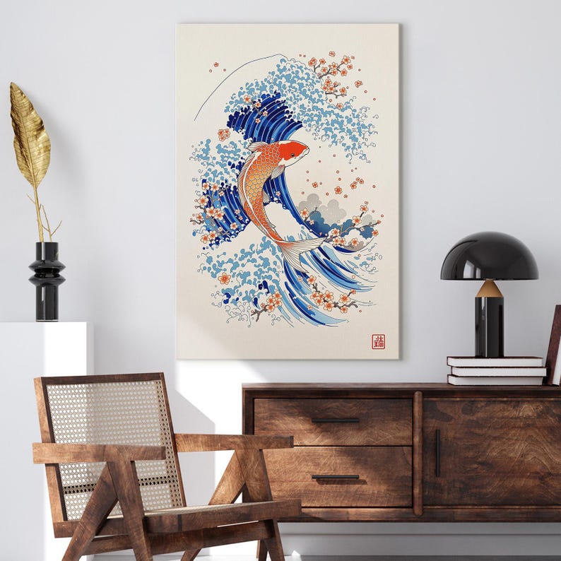 Japanese Koi Fish Canvas Print, Great Wave Wall Art, Cherry Blossom Ukiyo-e Style Art Print