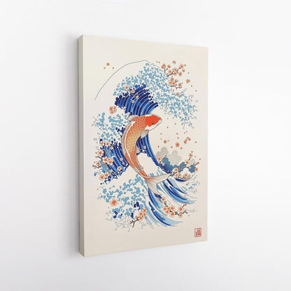 Japanese Koi Fish Canvas Print, Great Wave Wall Art, Cherry Blossom Ukiyo-e Style Art Print