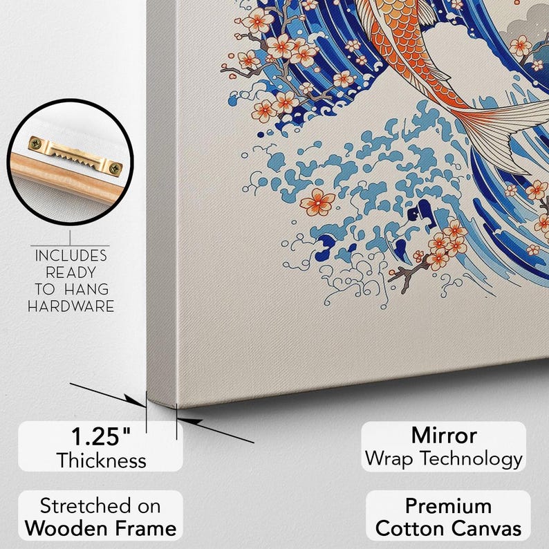 Japanese Koi Fish Canvas Print, Great Wave Wall Art, Cherry Blossom Ukiyo-e Style Art Print