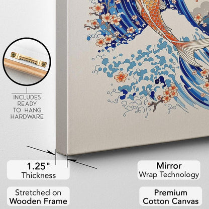Japanese Koi Fish Canvas Print, Great Wave Wall Art, Cherry Blossom Ukiyo-e Style Art Print