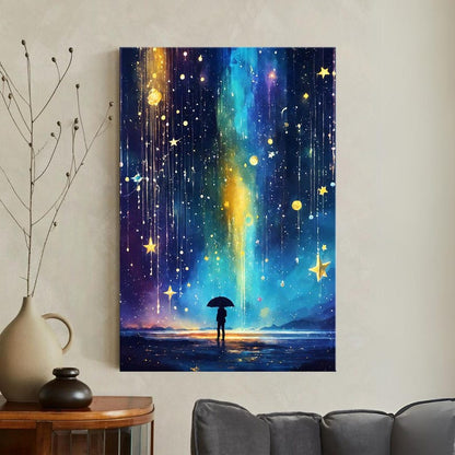 Magical Starfall Canvas Print, Person with Umbrella Art, Fantasy Sky Wall Art, Dreamy Cosmic Decor