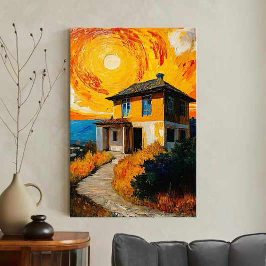 Van Gogh Style House Canvas Print, Vibrant Impasto Landscape Wall Art, Textured Oil Painting Print, Sunny Orange Home Decor