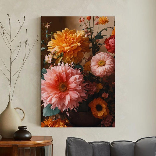 Vibrant Floral Still Life Canvas Print | Pink Orange Dahlia Wall Art | Botanical Home Decor