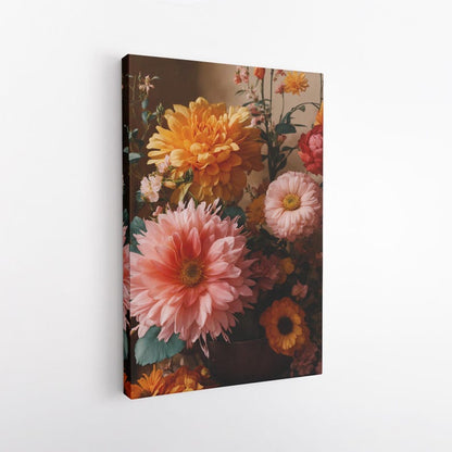 Vibrant Floral Still Life Canvas Print | Pink Orange Dahlia Wall Art | Botanical Home Decor