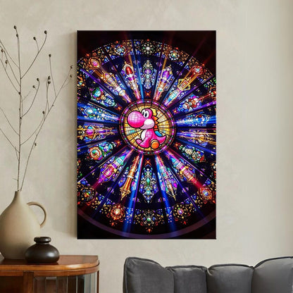 Pink Yoshi Stained Glass Canvas Print, Nintendo Mario Gaming Wall Art, Vibrant Gamer Room Decor Gift
