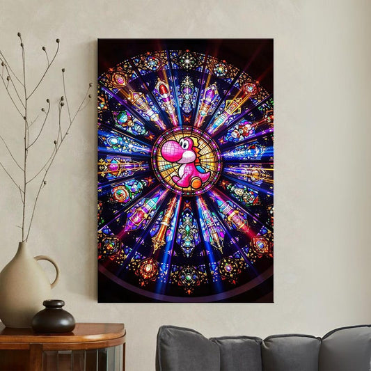Pink Yoshi Stained Glass Canvas Print, Nintendo Mario Gaming Wall Art, Vibrant Gamer Room Decor Gift