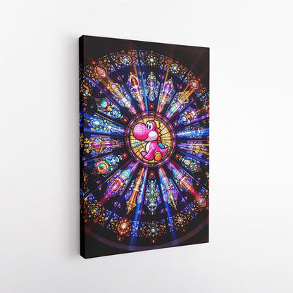 Pink Yoshi Stained Glass Canvas Print, Nintendo Mario Gaming Wall Art, Vibrant Gamer Room Decor Gift