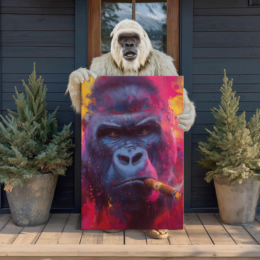Colorful Gorilla Smoking Cigar Wall Art, Modern Animal Canvas Print, Bold Living Room Decor, Man Cave Art