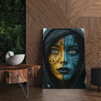 Witchy Woman Art Canvas Print, Gothic Fantasy Portrait with Mystical Symbols, Dark Moody Blue and Yellow Wall Decor