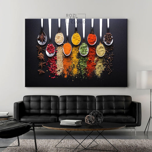Kitchen spices wall art, herbs wall decor, food art canvas, colorful artwork print, moms gift