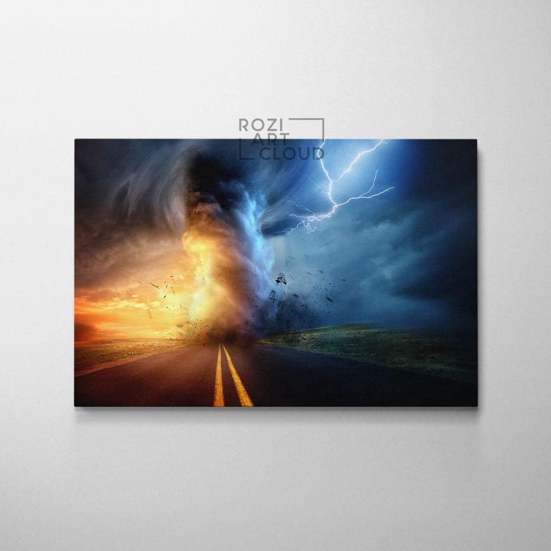 Thunder storm wall art, tornado art print, sunset wall decor, nature canvas print, road artwork decor