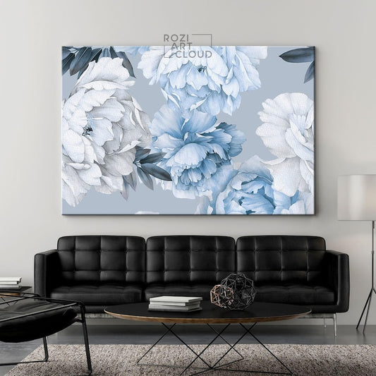 Blue and white floral wall art, botanical art prints, artwork for living room, flowers poster prints, large modern art, home gifts