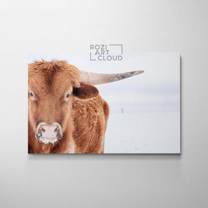 Longhorn steer wall art, farmhouse style artwork, animal canvas prints, wall hanging for living room, white snow art prints