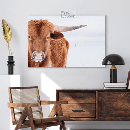Longhorn steer wall art, farmhouse style artwork, animal canvas prints, wall hanging for living room, white snow art prints