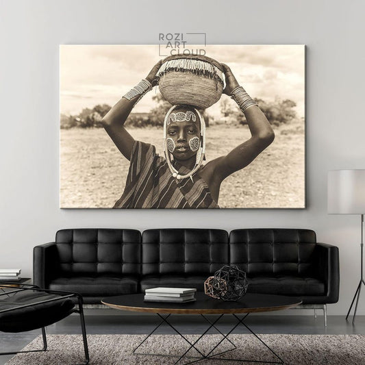 African black woman wall art, tribal decor art print, vintage black and white canvas, ethiopia art print, modern luxury interior decor