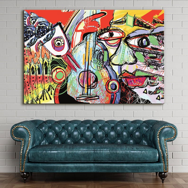 Pablo picasso style abstract wall art print, framed extra large modern contemporary art, mid century wall decor for living room,