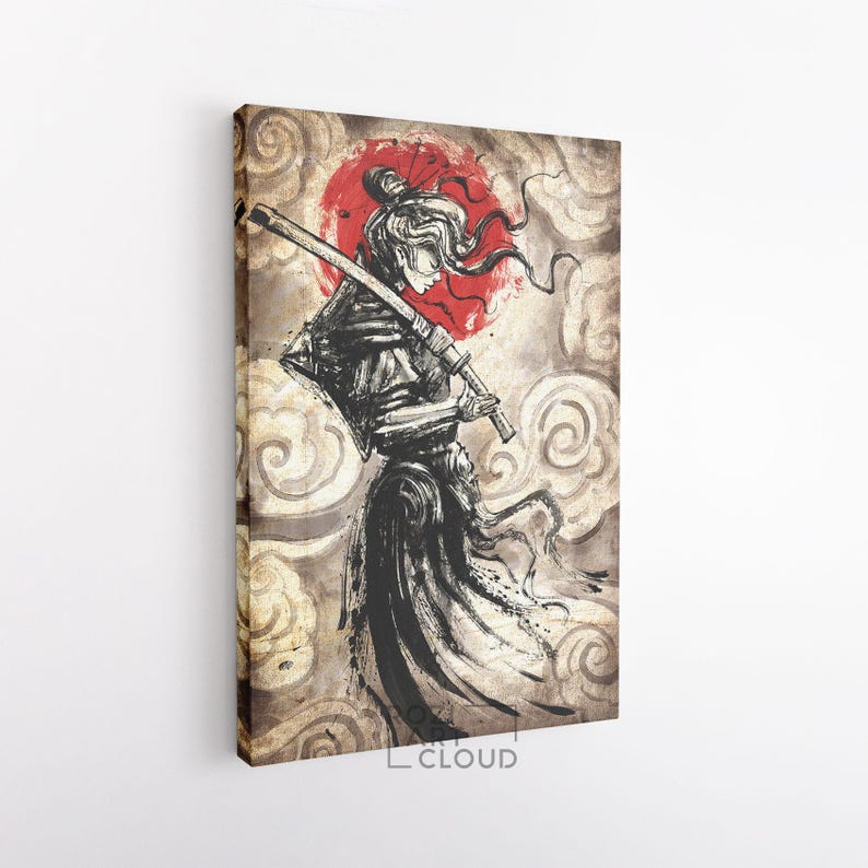 Japanese samurai girl, katana art prints, red and black illustration, vintage canvas art, modern wall art for living room