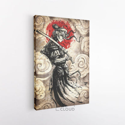 Japanese samurai girl, katana art prints, red and black illustration, vintage canvas art, modern wall art for living room