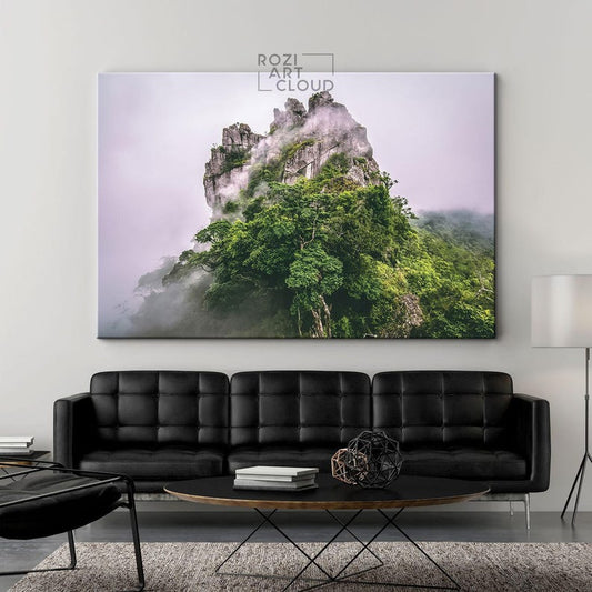 Mountain canvas wall decor, green landscape canvas, foggy nature art print, contemporary living room decor, modern poster prints