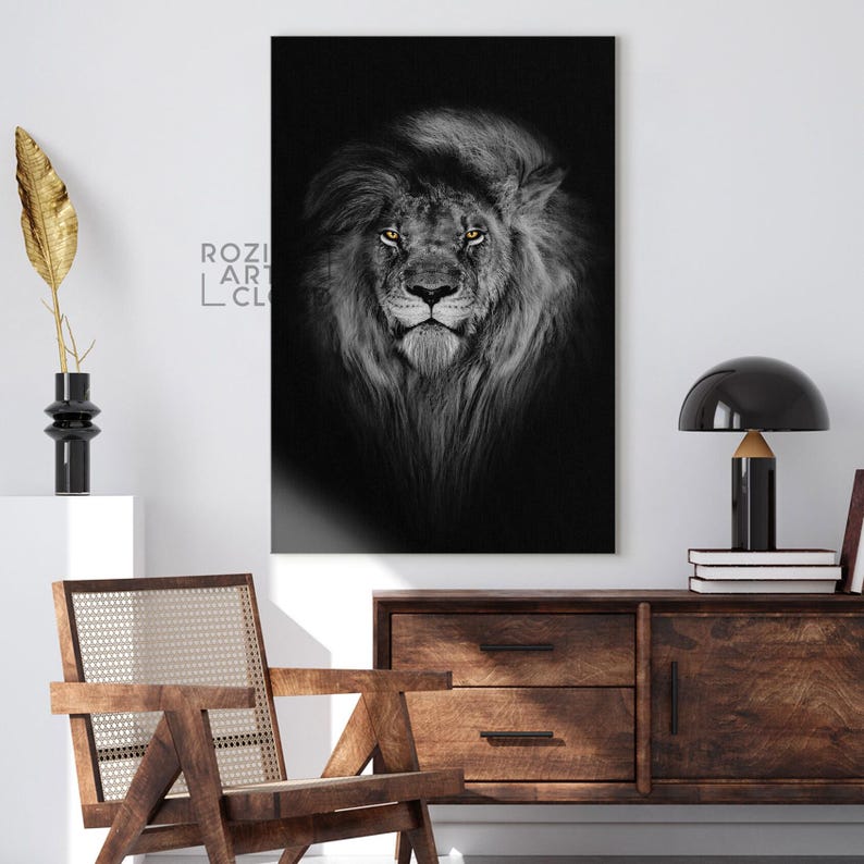 Lion wall art, black and white canvas print, modern wall art for living room, animal art print, friend gifts, elegant room decor
